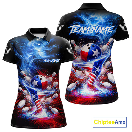 Personalized Fire Flame Texas Flag Tornado Bowling Team Shirts For Women Patriotic Bowling Gifts NYN2722