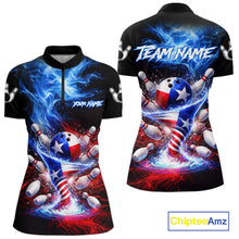 Load image into Gallery viewer, Personalized Fire Flame Texas Flag Tornado Bowling Team Shirts For Women Patriotic Bowling Gifts NYN2722
