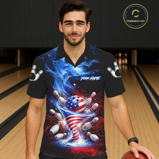 Male and female models wearing Fire Flame American Flag Tornado bowling Hawaiian shirts, patriotic USA bowling button-up shirts for league tournaments, tropical resort apparel, Independence Day bowling outfit symbolizing freedom, unity, courage and championship spirit