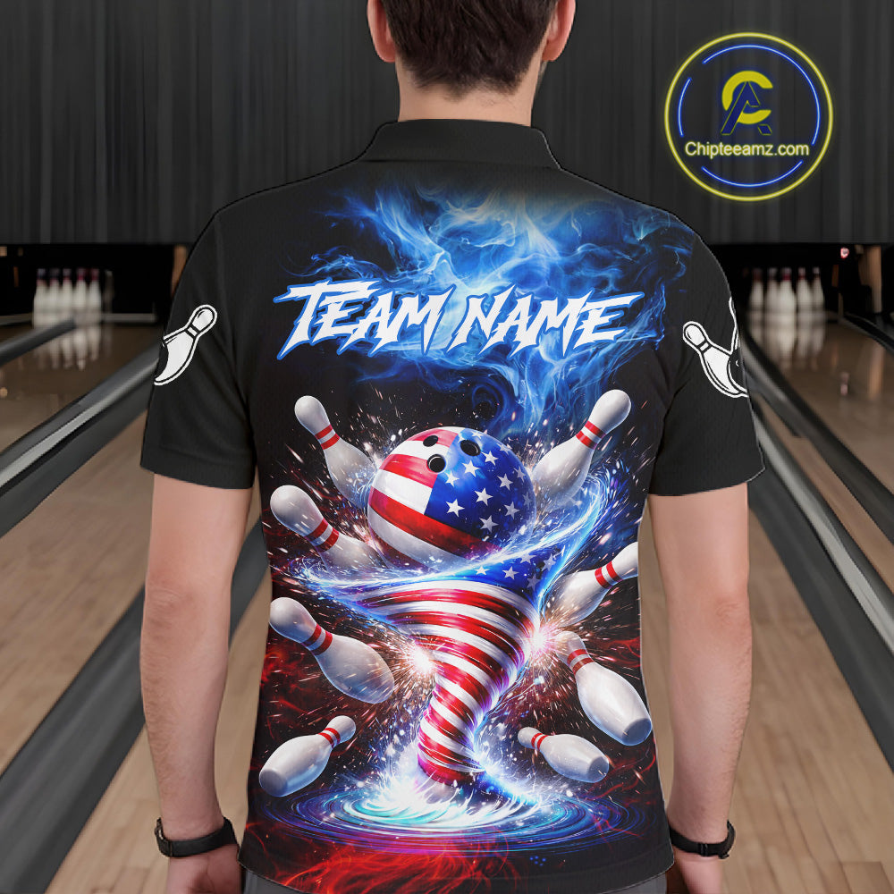 Personalized Fire Flame American Flag Tornado Bowling Team Shirts For Men Patriotic Bowling Gifts NYN2723
