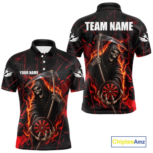 Fire Flame Red Grim Reaper Darts Polo & 1/4-Zip Shirt Custom Red Grunge Dart Jersey For Men NYN3083