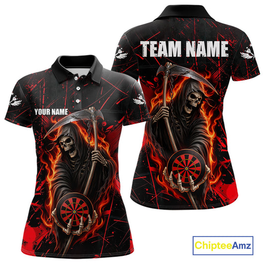 Fire Flame Red Grim Reaper Darts Polo & 1/4-Zip Shirt Custom Red Grunge Dart Jersey For Women NYN3083