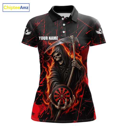 Fire Flame Red Grim Reaper Darts Polo & 1/4-Zip Shirt Custom Red Grunge Dart Jersey For Women NYN3083