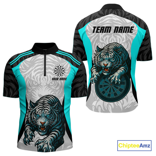 Men’s Darts Team Shirt Turquoise Tiger And Dartboard With Name Option NYN0307