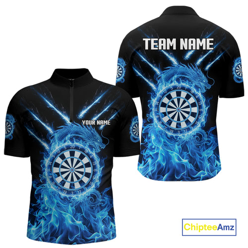 Custom Lightning Dragon Blue Flames Dartboard Dart Men Quarter-Zip Jerseys Dart Team Shirt NYN1701
