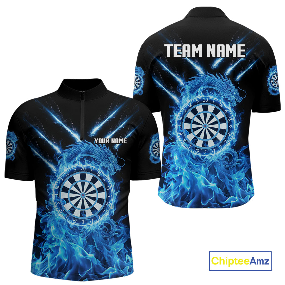 Custom Lightning Dragon Blue Flames Dartboard Dart Men Quarter-Zip Jerseys Dart Team Shirt NYN1701