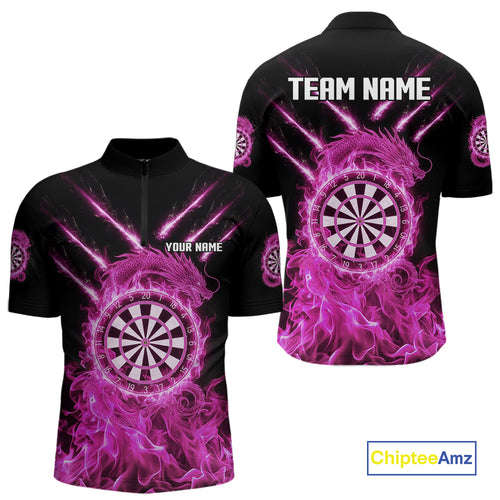 Custom Lightning Dragon Pink Flames Dartboard Dart Men Quarter-Zip Jerseys Dart Team Shirt NYN1703