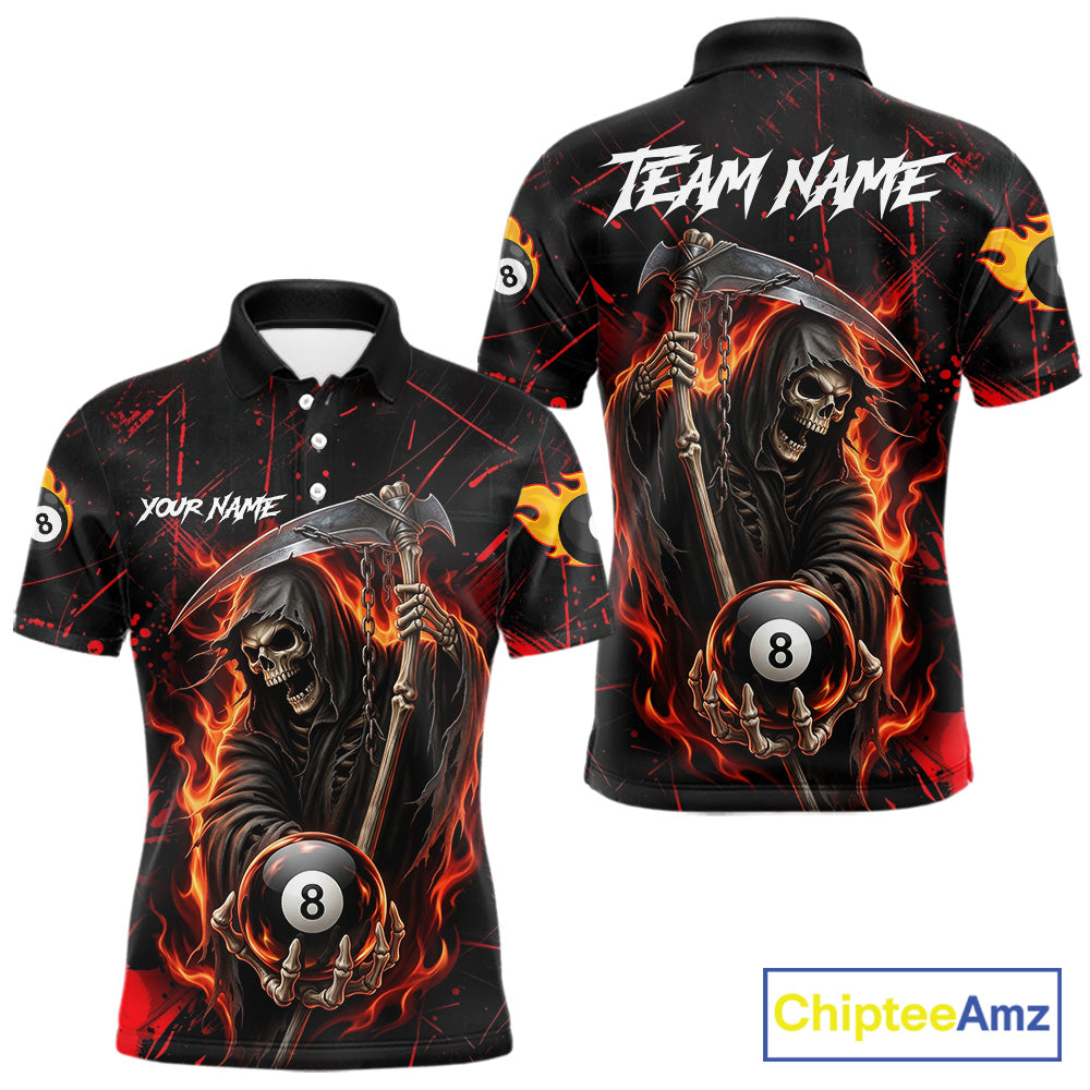 Fire Flame 8 Ball Pool Men Billiard Shirt Custom Red Grunge Grim Reaper Billiard Jersey For Pooler NYN3087