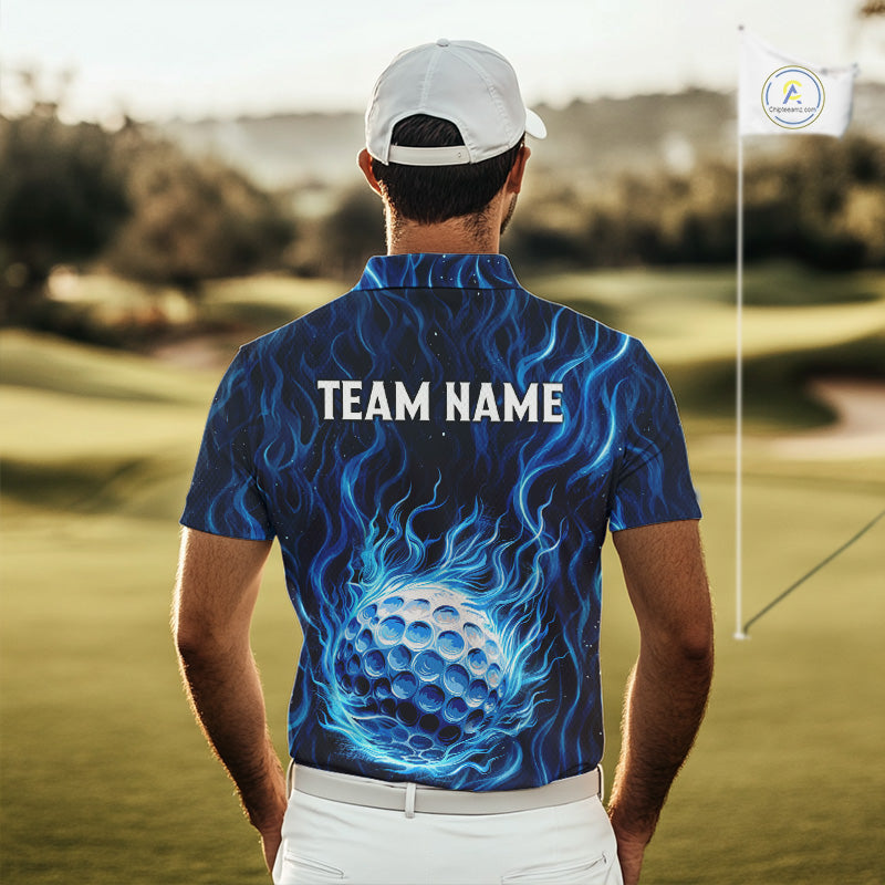 Mens Golf Polo Shirt Personalized Fire Flame Golf Ball Clothing Golf Tops For Golfers | Blue NYN3259