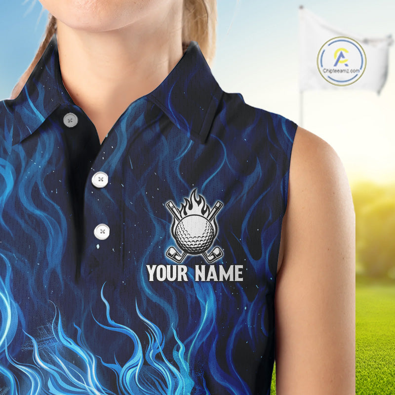Womens Golf Sleeveless Polo Shirt Personalized Fire Flame Golf Ball Clothing Golf Tops For Golfers | Blue NYN3259