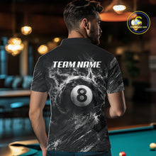 Load image into Gallery viewer, Male billiards player wearing Blue White Smokes Grim Reaper pool jersey during competitive league playv