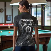 Load image into Gallery viewer, Female billiards player wearing Blue White Smokes Grim Reaper pool jersey during competitive league play
