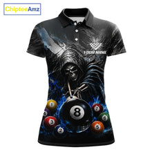 Load image into Gallery viewer, Blue White Smokes Grim Reaper women's billiard polo shirt custom 8 ball pool jersey, personalized billiards team uniform