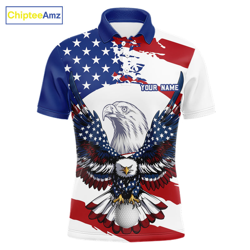 US Flag Eagle Men's Golf Polo Shirt mockup featuring patriotic eagle and golf ball, personalized golf polo, custom golf club apparel, American flag performance golf shirt, golf tournament clothing.