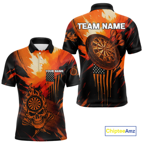 Custom Orange Grunge Skull Dartboard Patriotic Dart Men Polo Jerseys US Flag Dart Shirt NYN1713