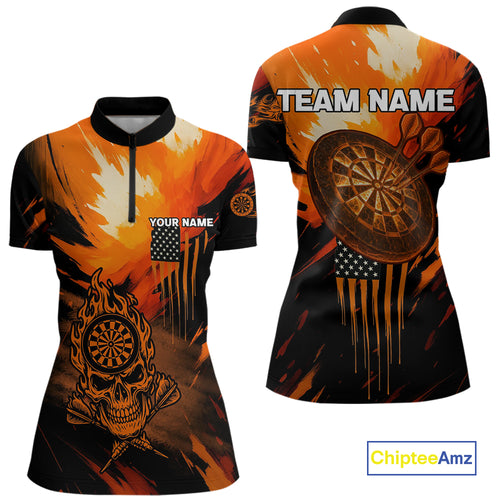 Custom Orange Grunge Skull Dartboard Patriotic Dart Women 1/4-Zip Jerseys US Flag Dart Shirt NYN1713