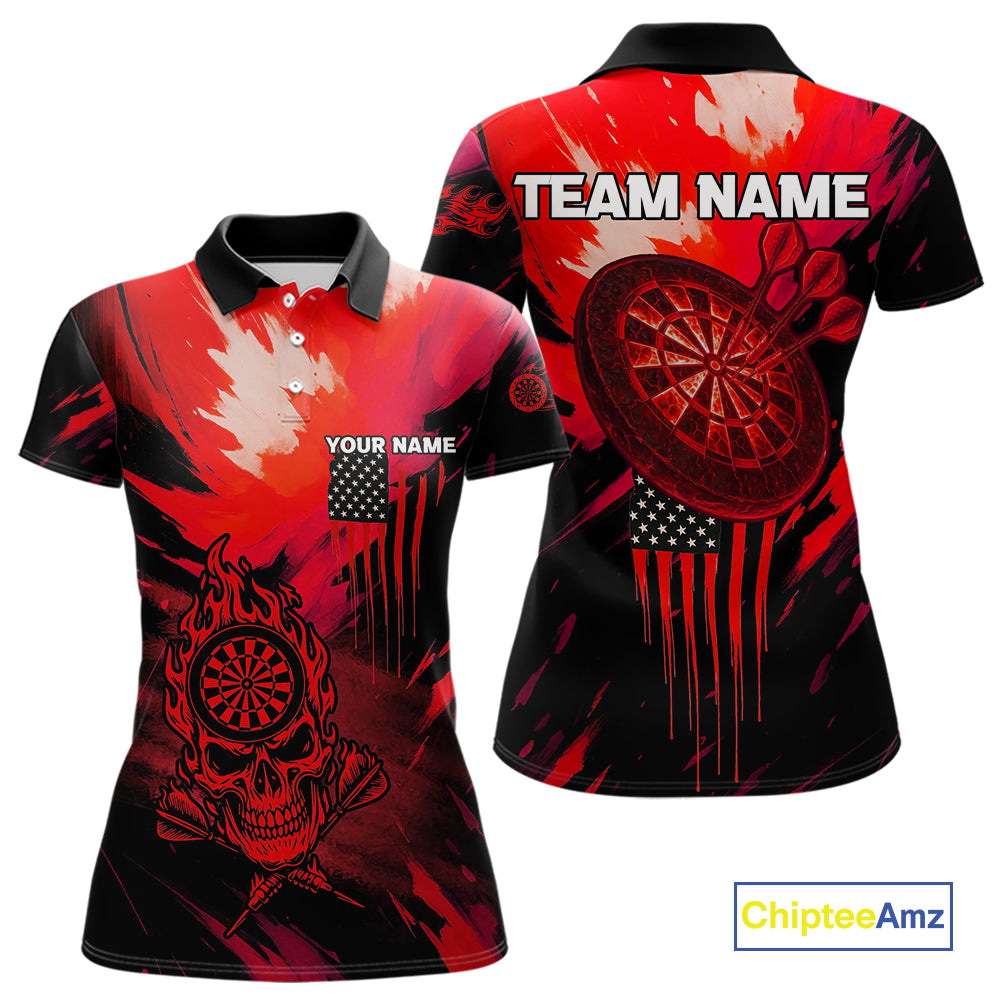 Custom Red Grunge Skull Dartboard Patriotic Dart Women Polo Jerseys US Flag Dart Shirt NYN1714