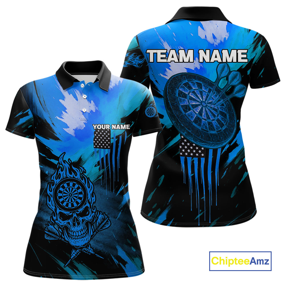 Custom Blue Grunge Skull Dartboard Patriotic Dart Women Polo Jerseys US Flag Dart Shirt NYN1715