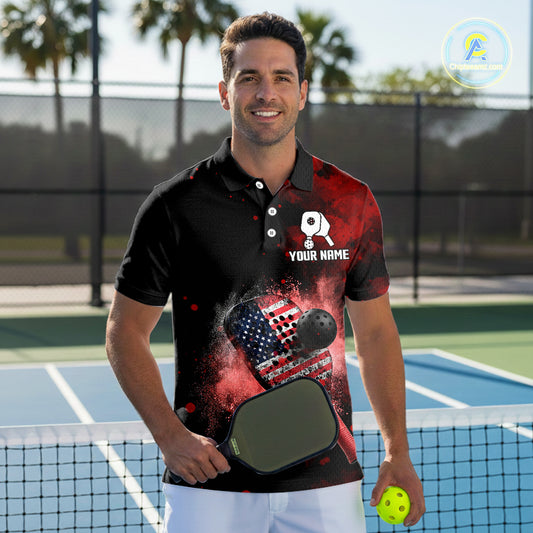 Custom Black And Red Paddle & Ball Pickleball Jerseys Men US Flag Pickleball Shirts NYN2222