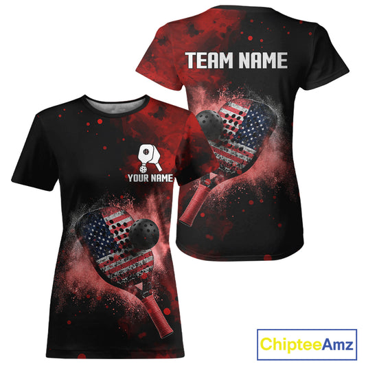 Custom Black And Red Paddle & Ball Pickleball Jerseys Women US Flag Pickleball Shirts NYN2222