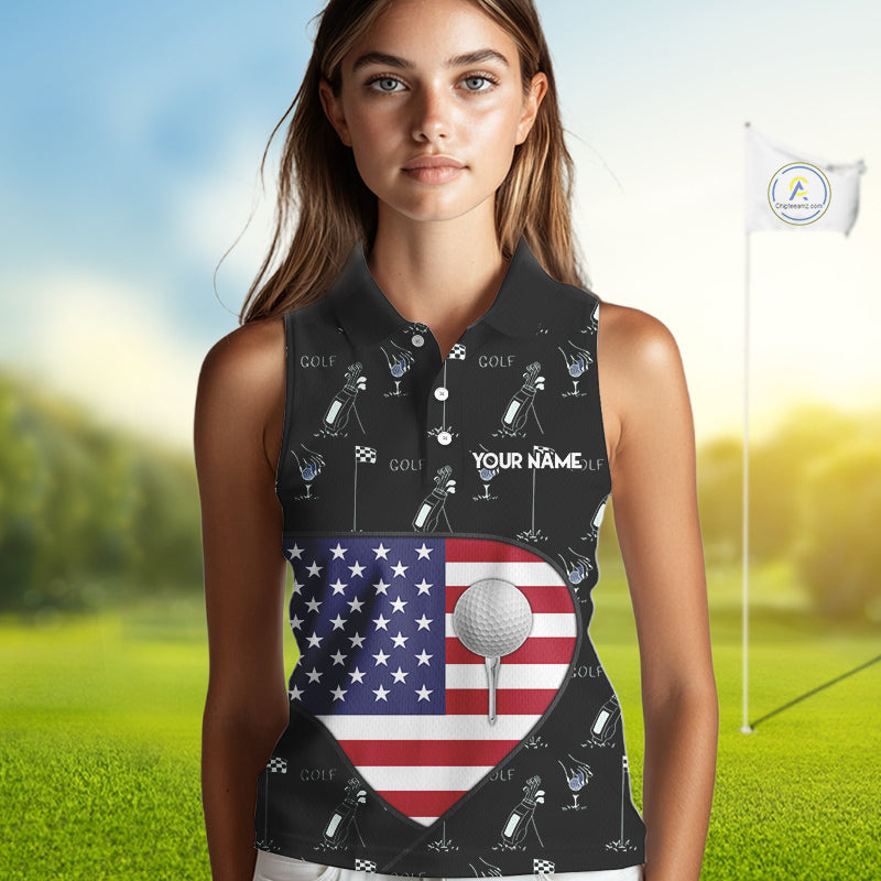 Personalized American Flag Womens Golf Sleeveless Polo Shirts Custom Patriotic Golf Ball Team Jerseys NYN3096