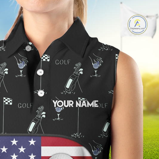 Personalized American Flag Womens Golf Sleeveless Polo Shirts Custom Patriotic Golf Ball Team Jerseys NYN3096