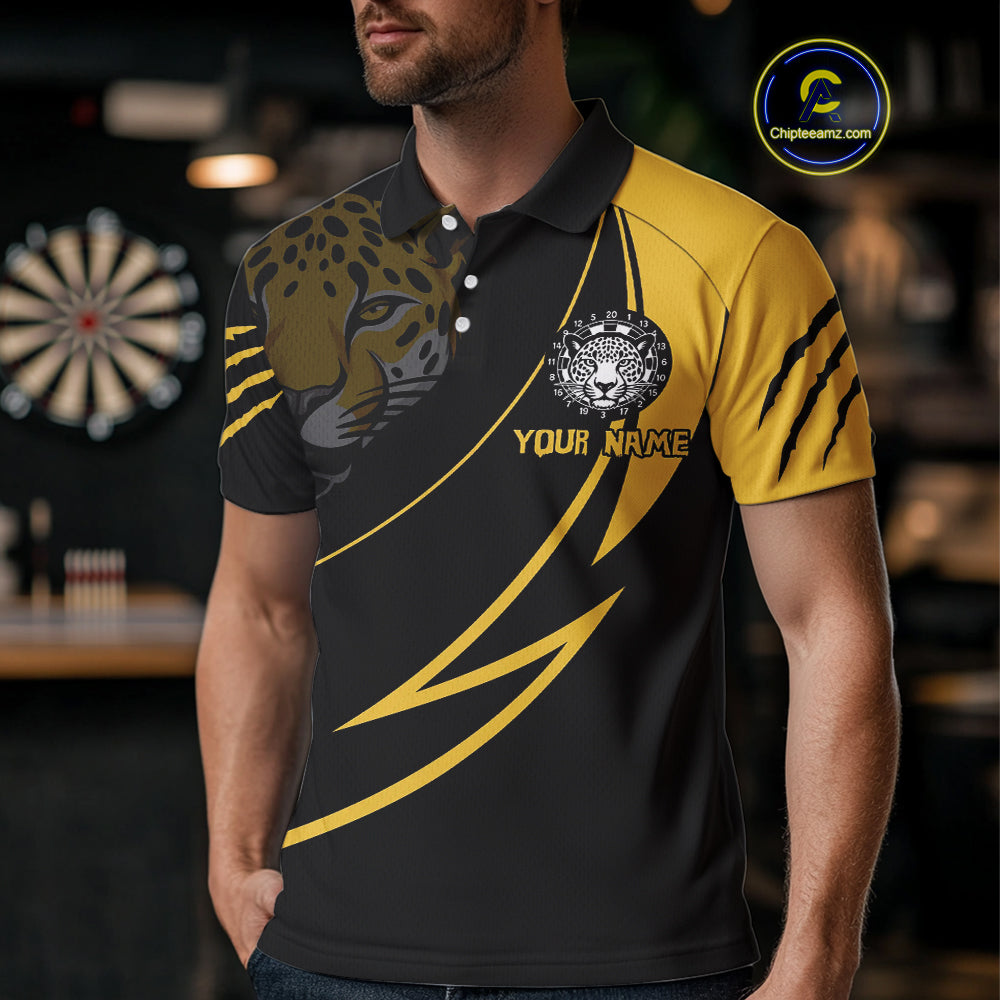 Men's Custom Darts Shirt - Yellow Panther With Dartboard & Arrow | Personalized Name NYN0323