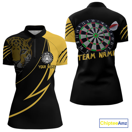 Women's Custom Darts Shirt - Yellow Panther With Dartboard & Arrow | Personalized Name NYN0323