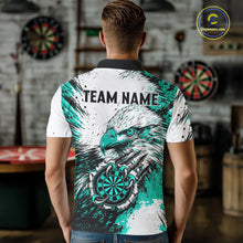 Load image into Gallery viewer, Male darts player wearing Custom Turquoise Grunge Eagle Scratch Dartboard darts jersey during league match and tournament competition, personalized dart apparel