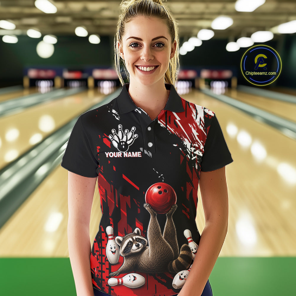 Female bowler smiling while wearing Funny Raccoon jersey representing curiosity, adaptability, teamwork, family fun, mascot-inspired bowling fashion.