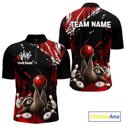Funny Raccoon Quarter-Zip Bowling Jersey featuring raccoon mascot, breathable athletic clothing, custom bowling tournament apparel, playful sportswear.