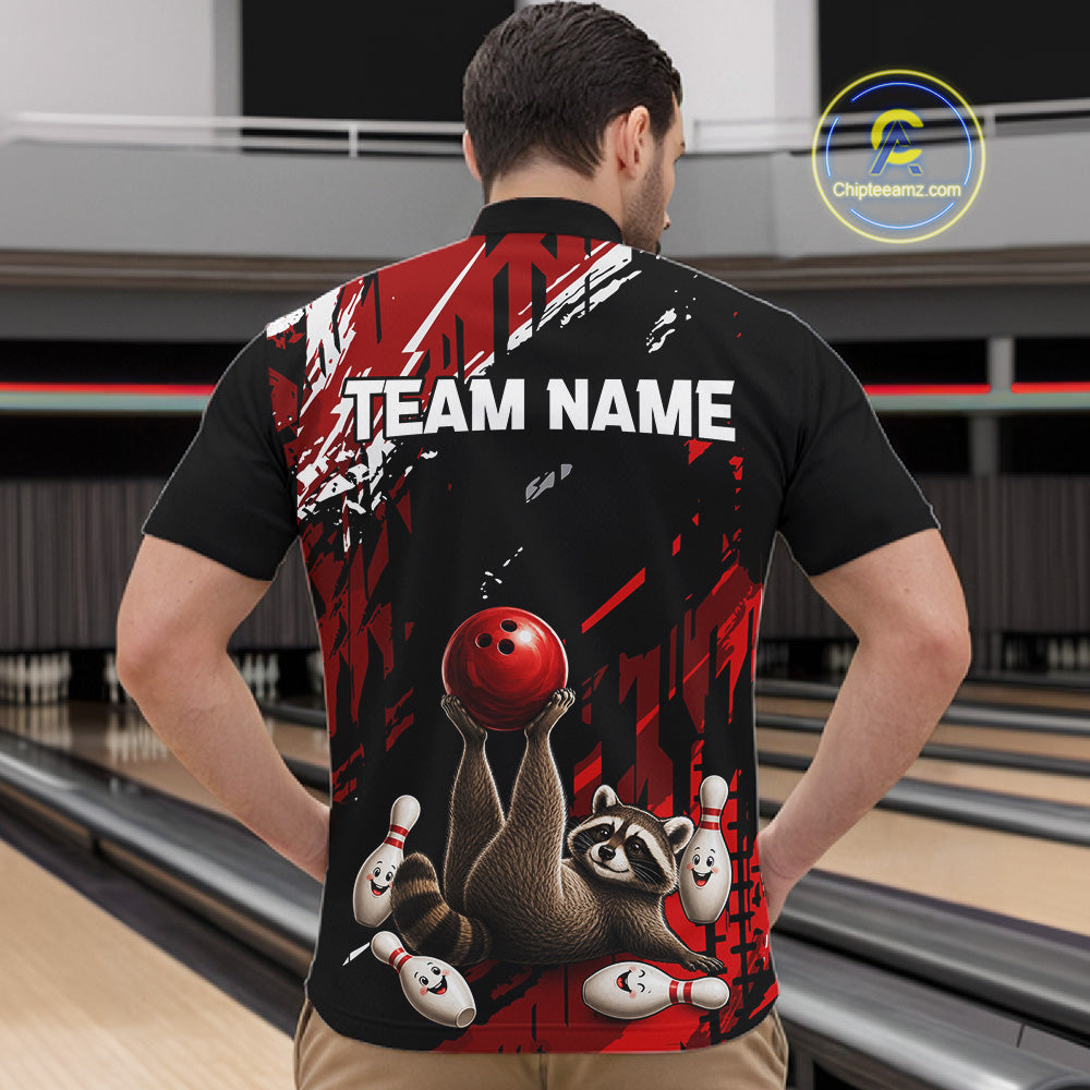 Female bowler smiling while wearing Funny Raccoon jersey representing curiosity, adaptability, teamwork, family fun, mascot-inspired bowling fashion.