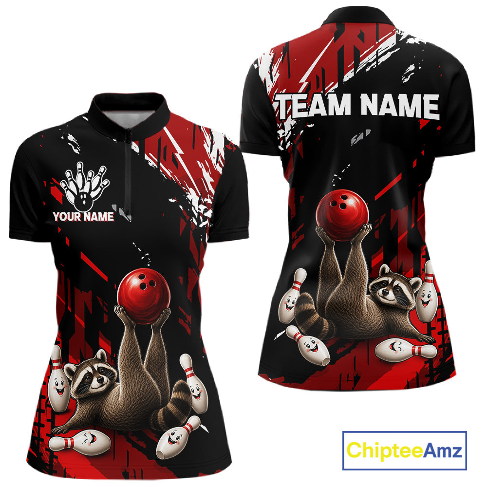 Funny Raccoon Quarter-Zip Bowling Shirt featuring custom player graphics, quick-dry performance fabric, mascot artwork, personalized bowling team apparel.
