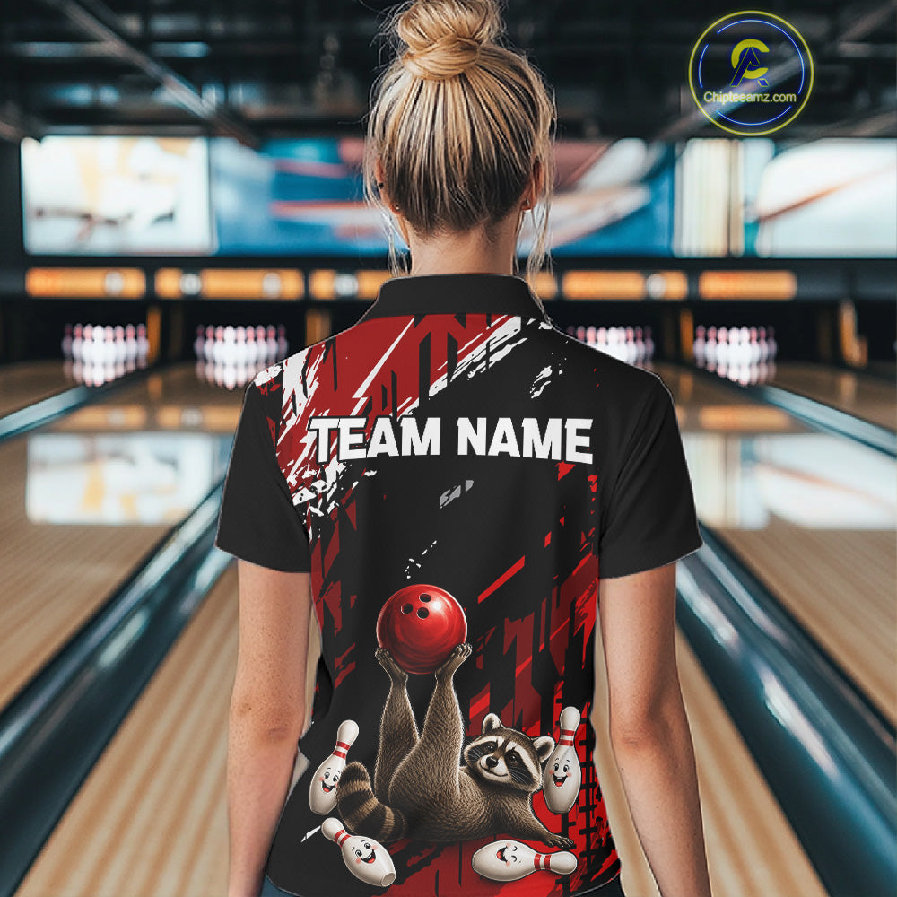 Female bowler smiling while wearing Funny Raccoon jersey representing curiosity, adaptability, teamwork, family fun, mascot-inspired bowling fashion.