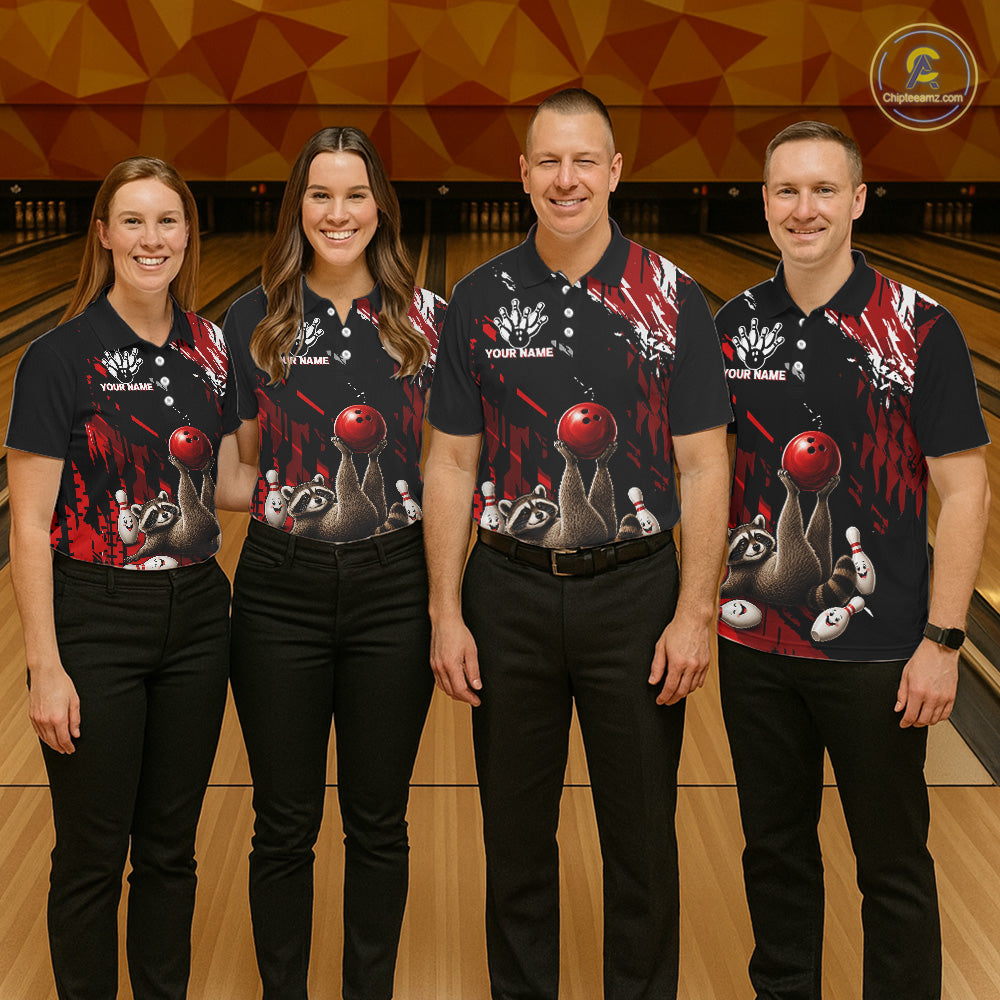 Bowling team wearing matching Funny Raccoon jerseys featuring personalized names, mascot-inspired uniforms, family bowling league apparel, friendship, teamwork, corporate team building, championship spirit.