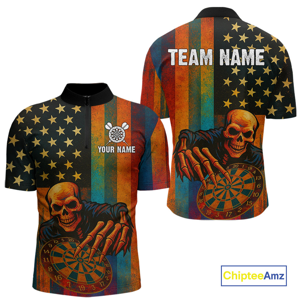 Custom Grunge Colorful US Flag Grim Reaper Dart Men Quarter-Zip Jerseys Patriotic Dart Gifts NYN1722