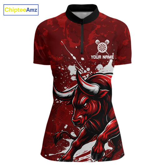 Custom White And Red Splatter Darts Polo & 1/4 Zip Shirt For Women Funny Bull Darts Team Jerseys NYN2891