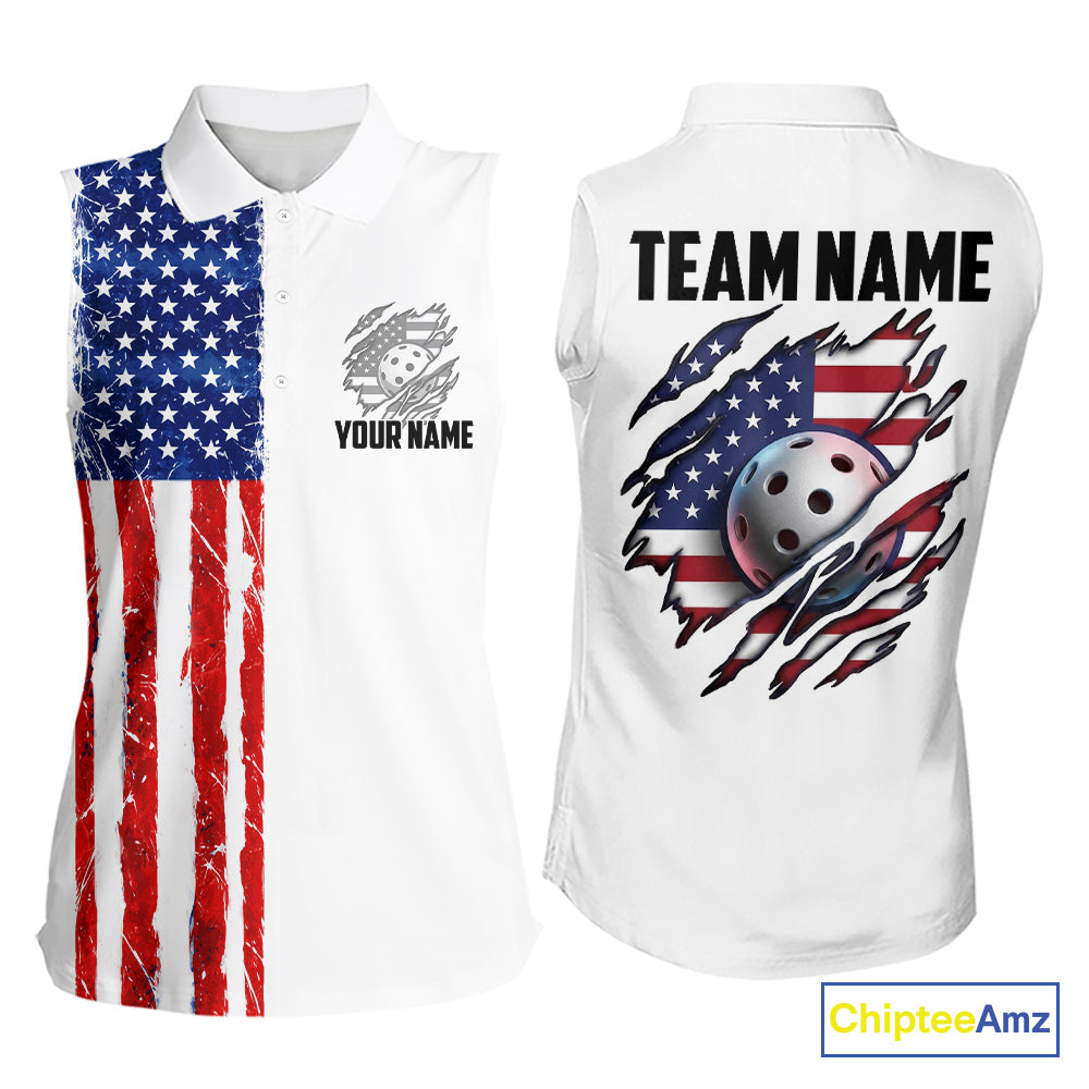 Custom Grunge US Flag Pickleball Sleeveless PoloFor Women Torn Patriotic Pickleball Shirt With Team Name NYN3106
