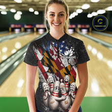 Load image into Gallery viewer, Female bowler wearing Maryland patriotic bowling jersey, custom US flag bowling shirt