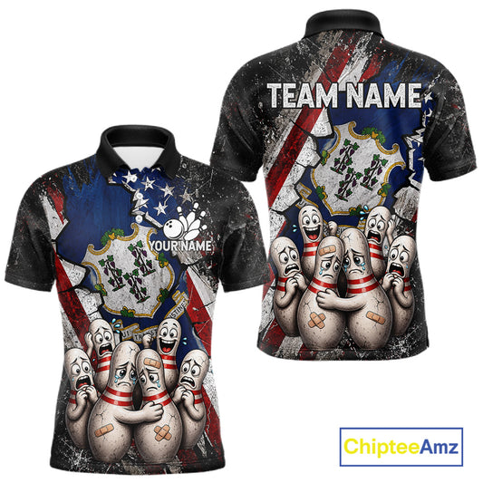 Funny Sad Pins Connecticut US Flag men's bowling polo shirt, patriotic bowling team jersey, custom bowling apparel