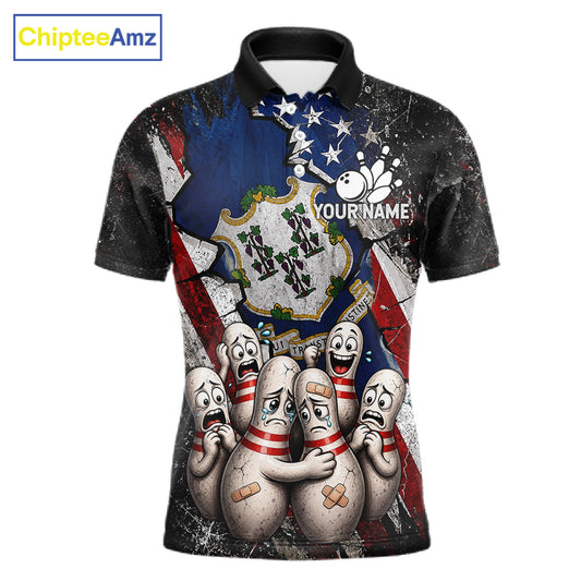 Funny Sad Pins Connecticut US Flag men's bowling polo shirt, patriotic bowling team jersey, custom bowling apparel