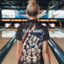 Load image into Gallery viewer, Female bowler wearing Connecticut patriotic bowling shirt, US flag bowling jersey