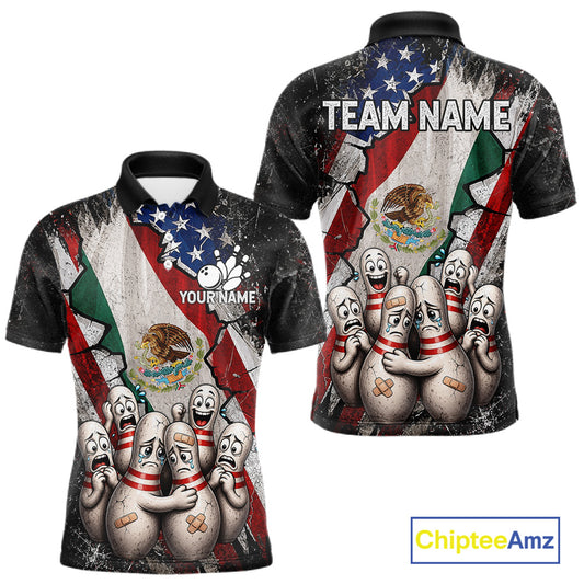 Funny Sad Pins Mexican US Flag men's bowling polo shirt, patriotic bowling jersey, personalized team apparel