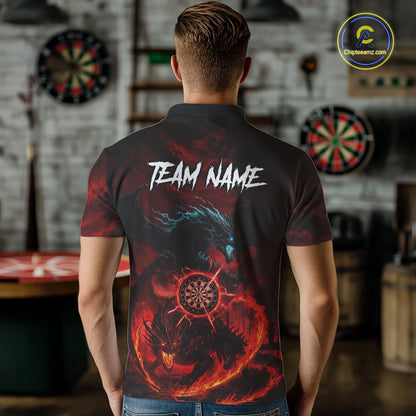 Double Dragon Red & Blue Flaming Dartboard Custom Polo Darts Shirt For Men Dart Gifts NYN2009