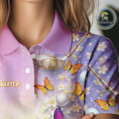 Colorful Butterfly Womens Golf Polo Shirt Custom Name Floral Watercolor Golf Shirts NYN2905