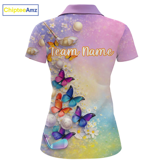 Colorful Butterfly Womens Golf Polo Shirt Custom Name Floral Watercolor Golf Shirts NYN2905