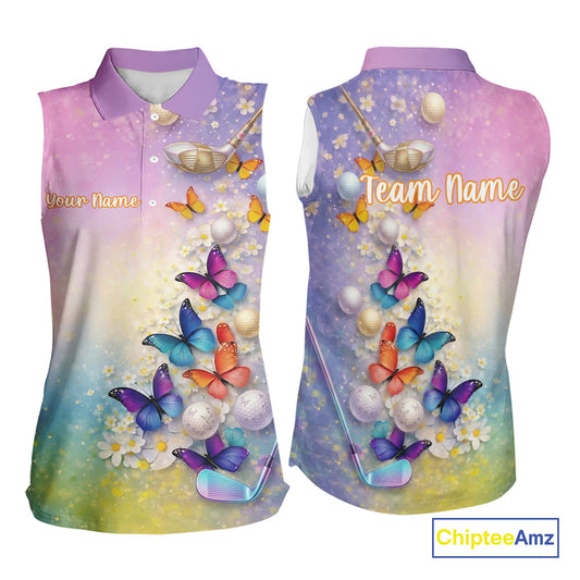 Colorful Butterfly Womens Golf Sleeveless Polo Shirt Custom Name Floral Watercolor Golf Shirts NYN2905