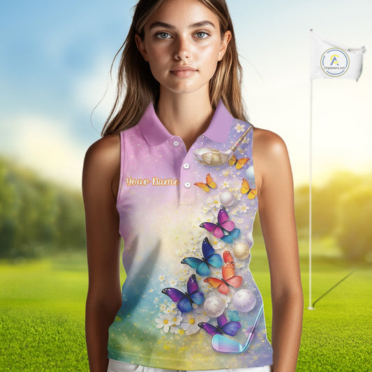Colorful Butterfly Womens Golf Sleeveless Polo Shirt Custom Name Floral Watercolor Golf Shirts NYN2905