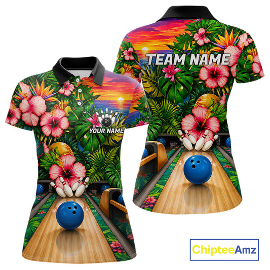 Monstera Women Bowling Polo Shirt Custom Summer Tropical Youth Bowling Shirts