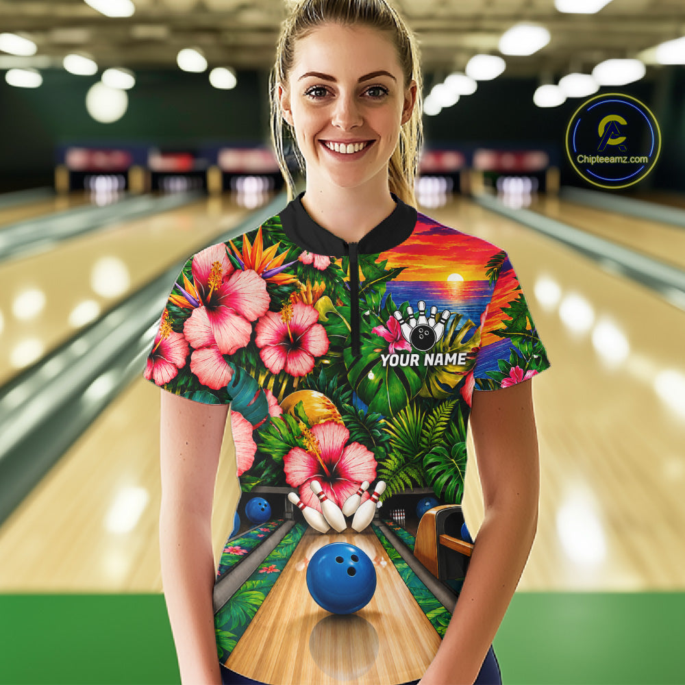 Monstera Pattern Funny Women Bowling Shirt Custom Summer Tropical Youth Bowling Shirts NYN3278